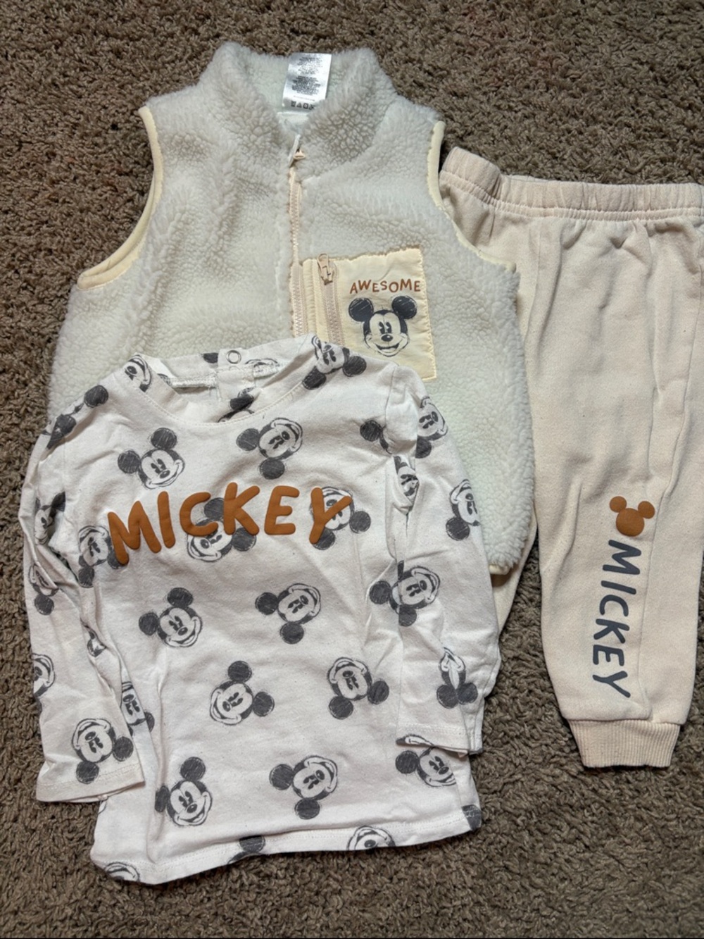 Disney Cream Sherpa Vest with Mickey Pocket with shirt and sweatpants